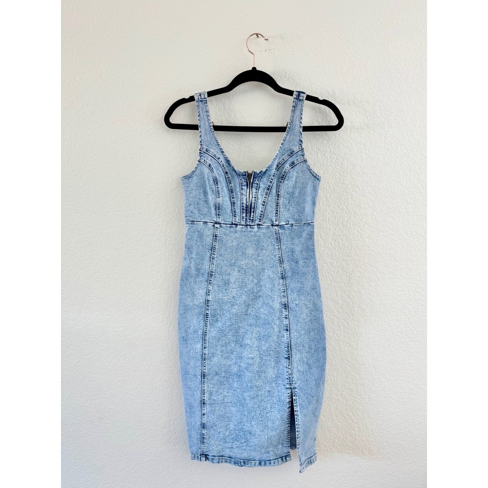 Vintage Denim Sheath Dress Womens Small Blue Acid Wash Corset Zip Front 90s Slit